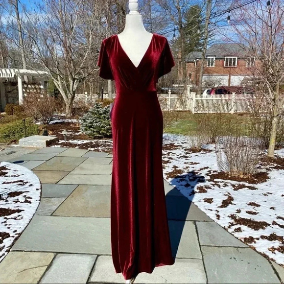 NWT BHLDN Jenny Yoo Ellis Velvet Maxi Dress Short Sleeve in Red Berry 4 - Picture 13 of 15